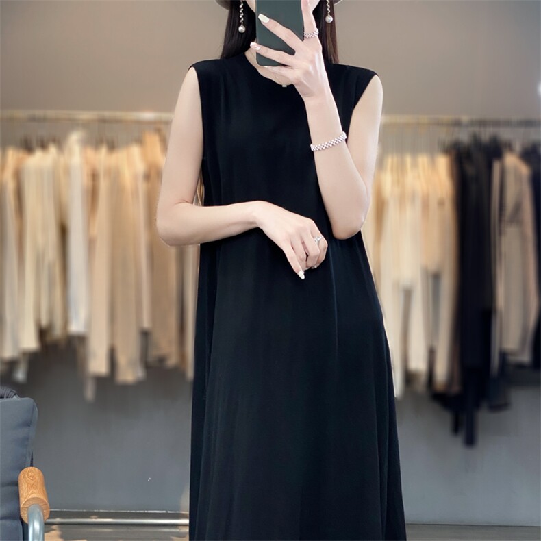 优雅气质黑色无袖羊毛长裙简约时尚显瘦连衣裙,女装连衣裙,东远绒业