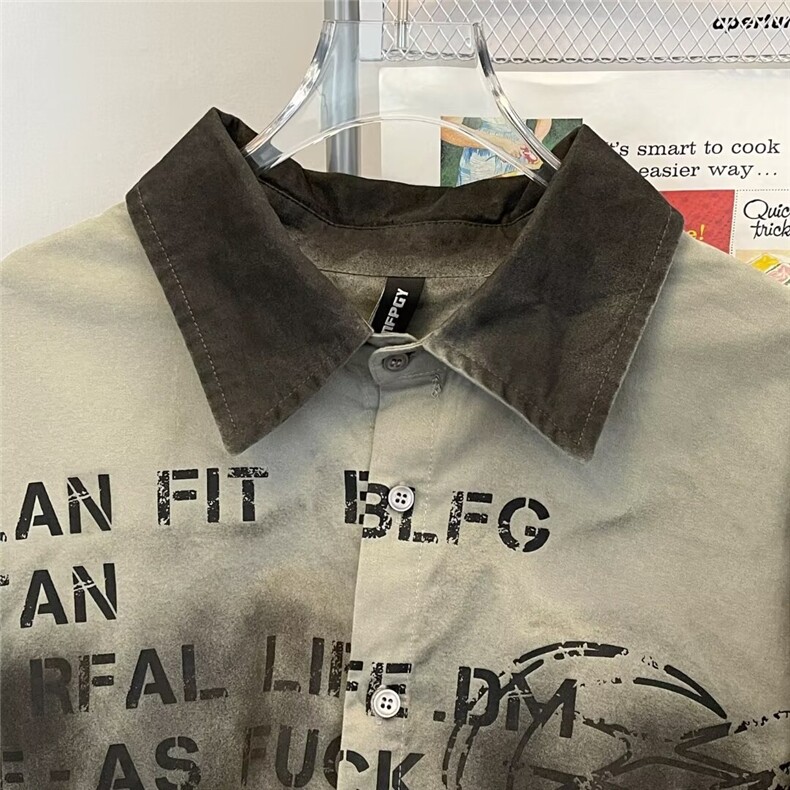 美式潮牌休闲衬衣巴黎风做旧百搭字母满印花衬衫春季款C4553/P45,男装衬衫,星座506B