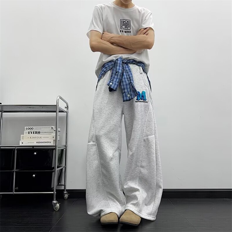 拼接格子裙摆结构设计卫裤男女美式慵懒风拖地伞兵裤潮K6658-P50,男装休闲裤,星座412-3