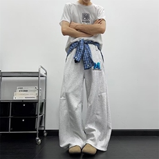 拼接格子裙摆结构设计卫裤男女美式慵懒风拖地伞兵裤潮K6658-P50，男装休闲裤，星座412-3