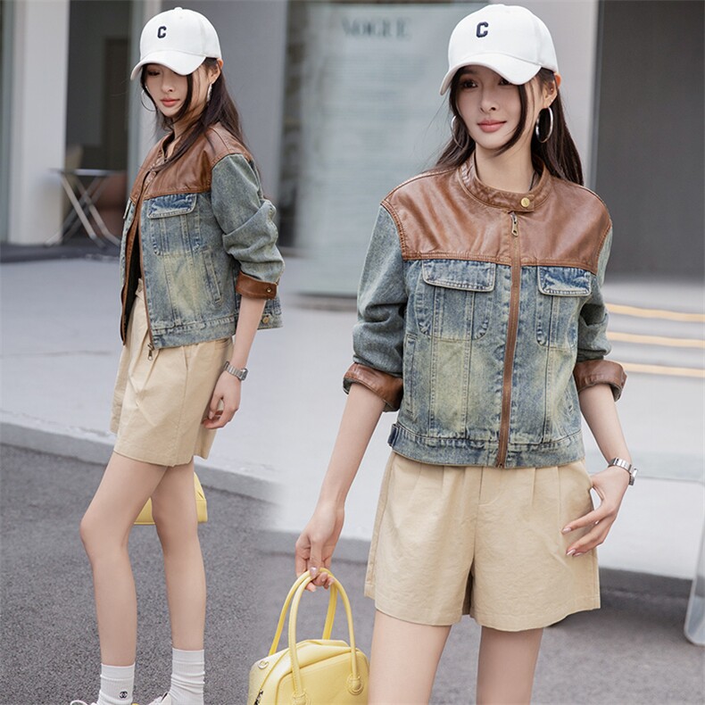 复古拼接牛仔外套女2025春秋新款韩版宽松小个子休闲短款夹克上衣，女装牛仔外套，潮流依族