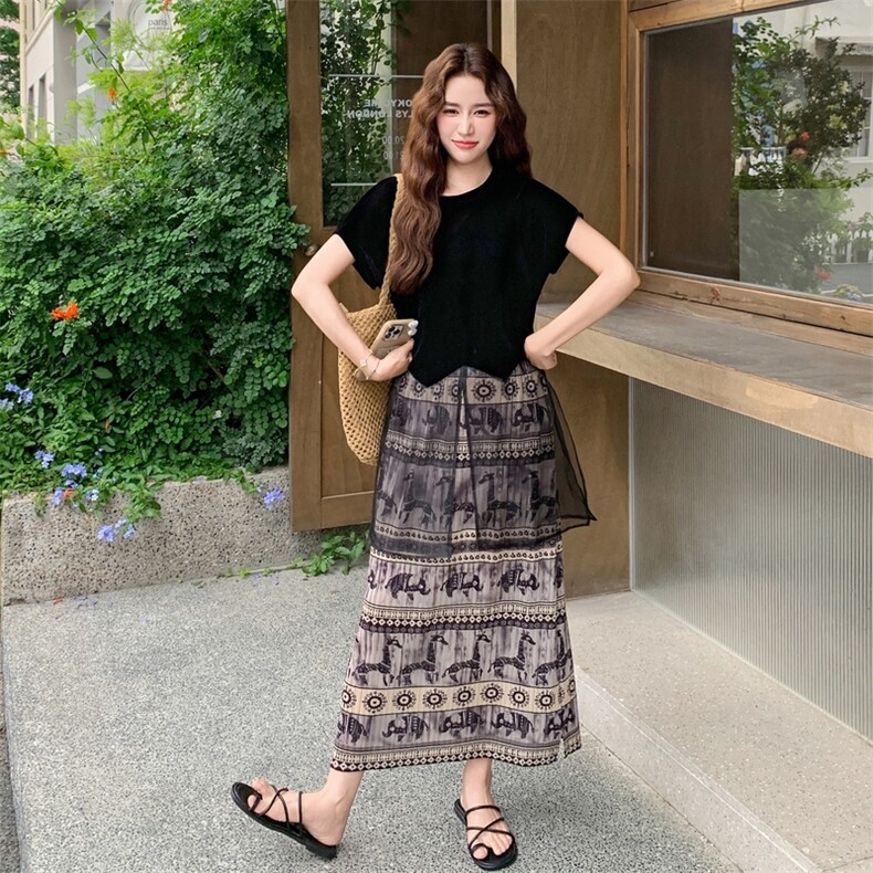轻熟风韩系网纱短袖上衣套装女夏季新款休闲显瘦印花半身裙两件套,女装套装/套裙,2C170