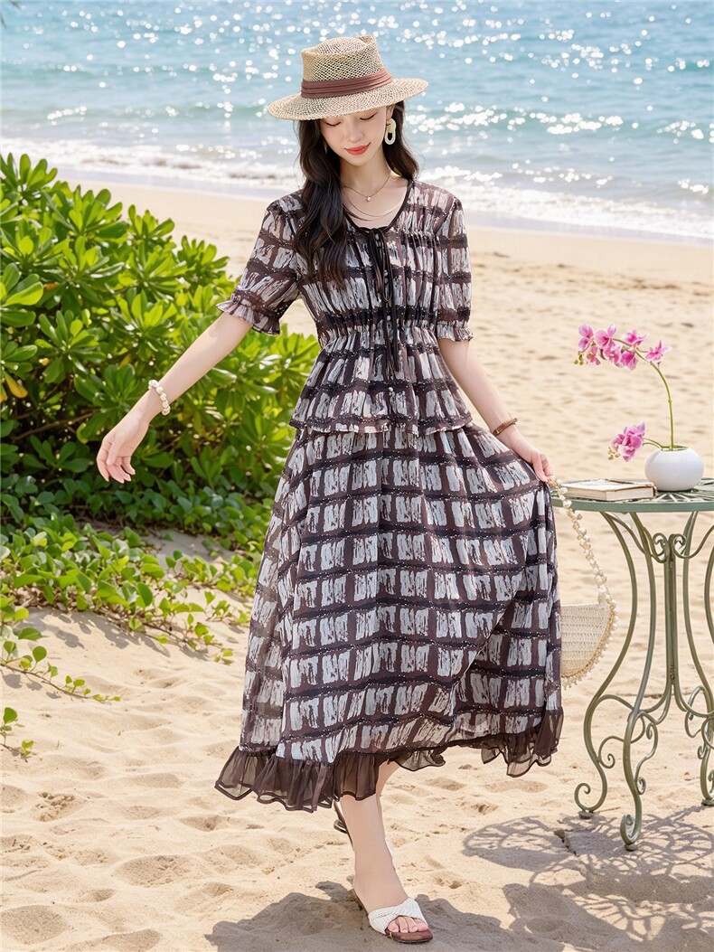 时尚休闲格纹显瘦系带上衣木耳边半裙超仙两件套女,女装套装/套裙,水衣源