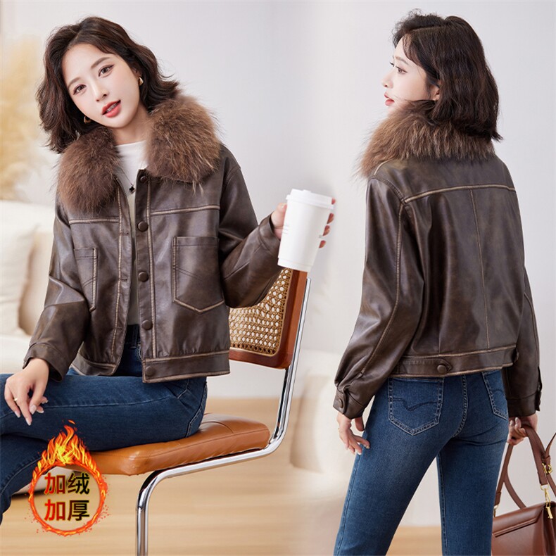 皮衣外套女短款小个子2024秋冬新款洋气百搭加绒加厚真毛领皮棉衣，女装皮衣，潮流依族