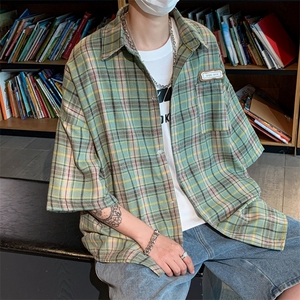 格子新款夏季短袖衬衫男港风潮流百搭宽松休闲半袖外套CS0355-P35图片