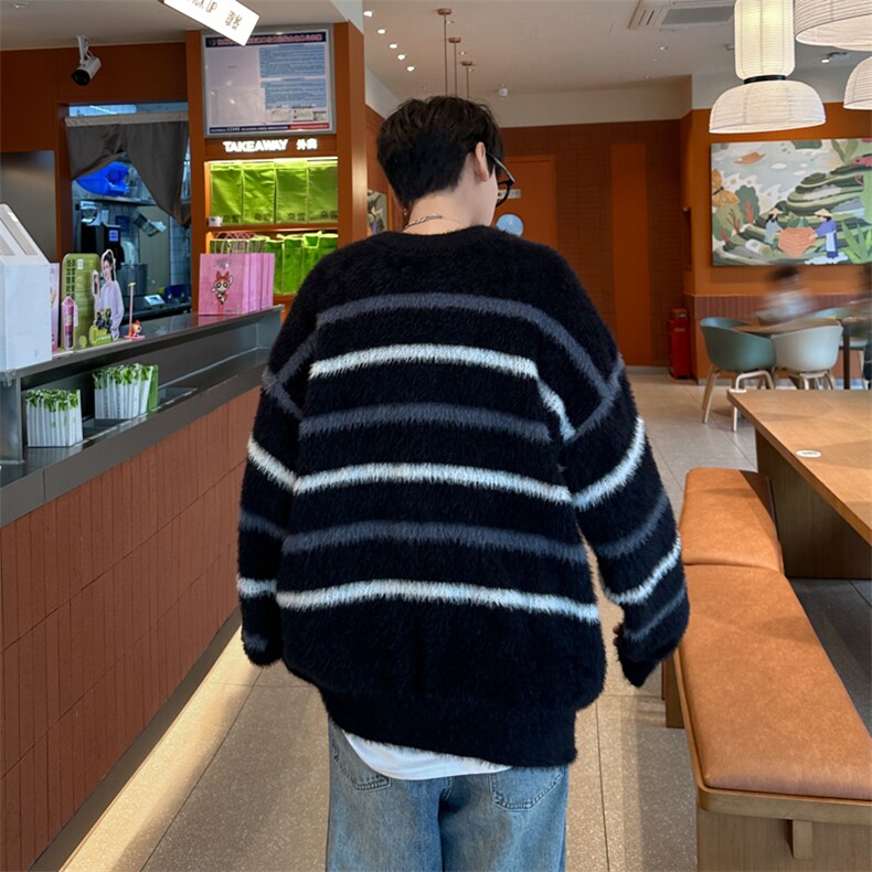 美式条纹水貂绒圆领毛衣冬季新款宽松加厚慵懒风针织衫,男装针织衫/毛衣,星座410-7