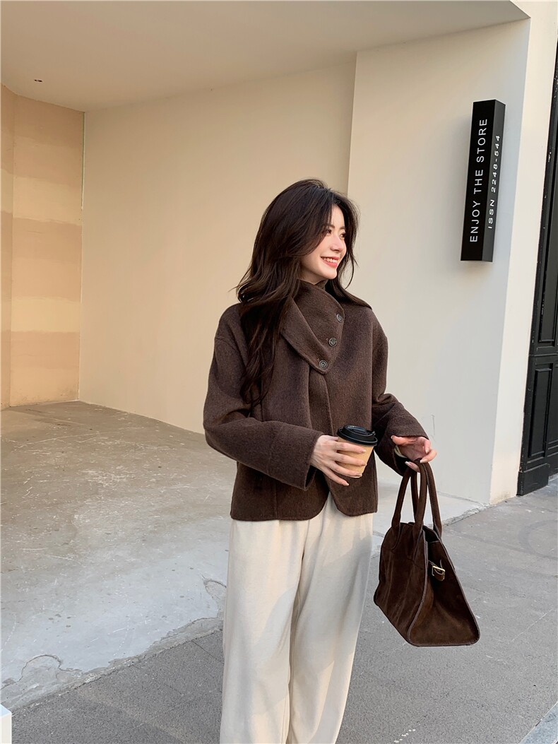 新款高级小香风秋冬领可脱卸两穿双面羊毛大衣小个子宽松羊毛外套,女装双面呢大衣,宸诺服饰