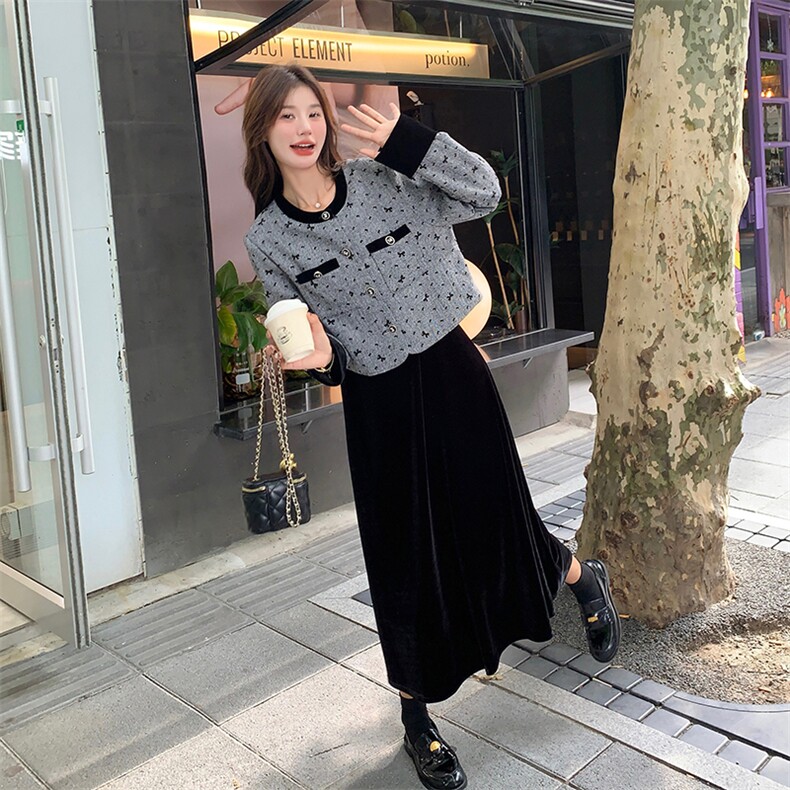 新款现货主推丝绒吊带裙+小香外套套装9883-P165-K228,女装连衣裙,2C129