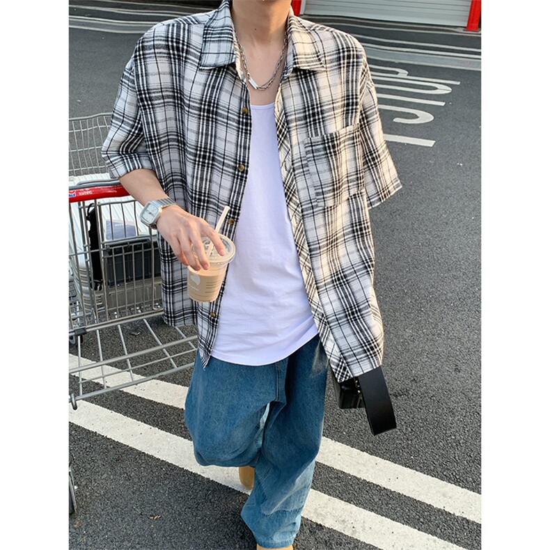韩版潮流复古格子大码翻领短袖衬衫内搭外套DC2219-P24【特价】，男装T恤，电商A007