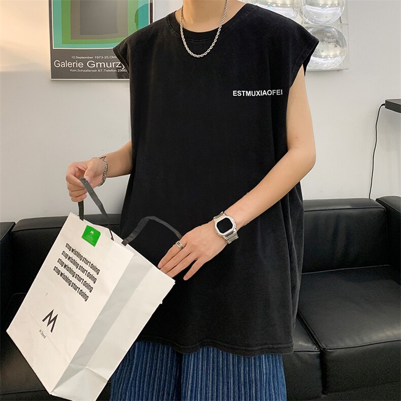 抖音供货、230克现货水洗棉印花宽松版无袖背心 D223A-SB2307-P35图片