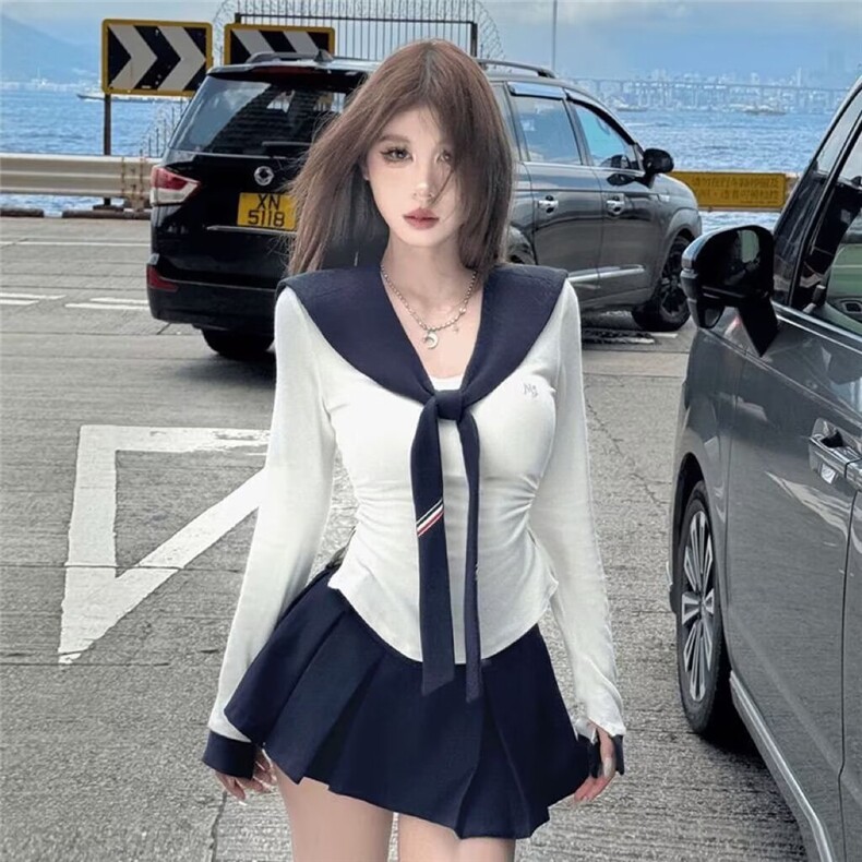 秋季海军领披肩长袖T恤女修身显瘦撞色减龄jk制服学院风长袖上衣,男装T恤,星座1210-1