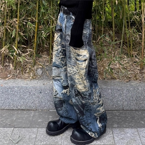 AC风格25SS 3D数码印花直喷糜烂破洞裤 阔腿Baggy牛仔裤男女同款图片
