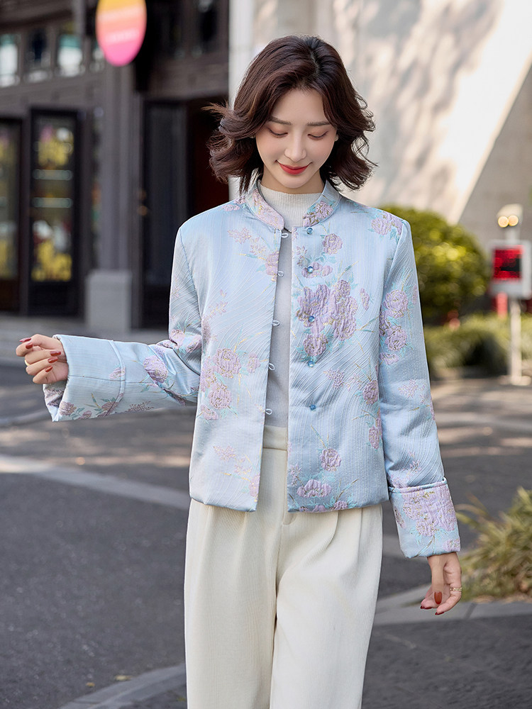 水衣源2797A款新中式提花料立体花小立领羽绒服女气质保暖外套,女装羽绒服,水衣源