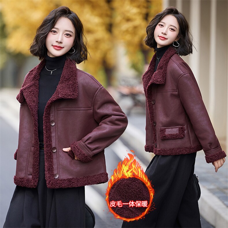 现货皮毛一体仿羊羔毛外套女短款2024秋冬新款加绒加厚外套，女装羊羔毛/颗粒绒，潮流依族