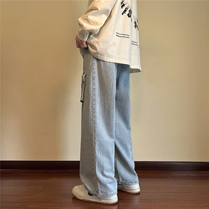 工装牛仔裤男青少年小众设计感口袋港风ins宽松直筒阔腿休闲长裤图片