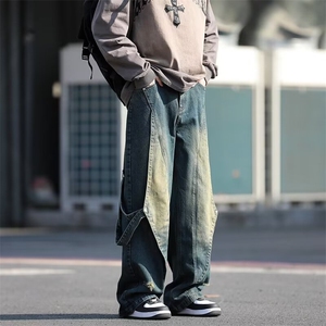 美式高街Vibe复古重工做旧水洗牛仔裤男解构拼接设计直筒阔腿裤子图片