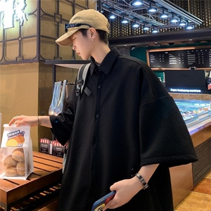 华夫格短袖衬衫男士夏季薄款大码男装日系潮牌宽松休闲白衬衣外套图片