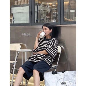 高品质现货 二开男女同款圆领T恤宽松条纹短袖大码T2510-P35图片