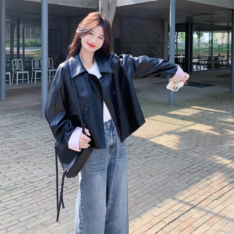 美式复古短款黑色皮衣外套女春秋2025新款小个子PU夹克爆款高级感,女装皮衣,2C131