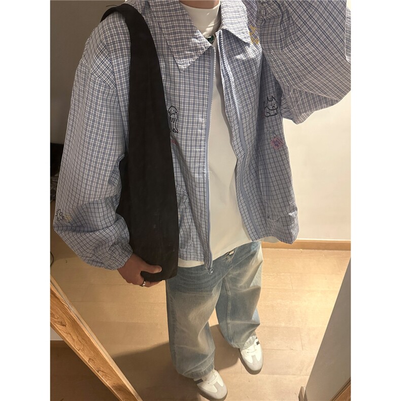 UNLG美式复古格子外套男秋季宽松休闲设计感翻领小众蓝格纹夹克潮,男装衬衫,星座715-4