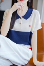 夏季新款POLO领刺绣拼色短袖针织衫女宽松透气莱赛尔天丝T恤上衣，女装针织衫/毛衣，唐诺