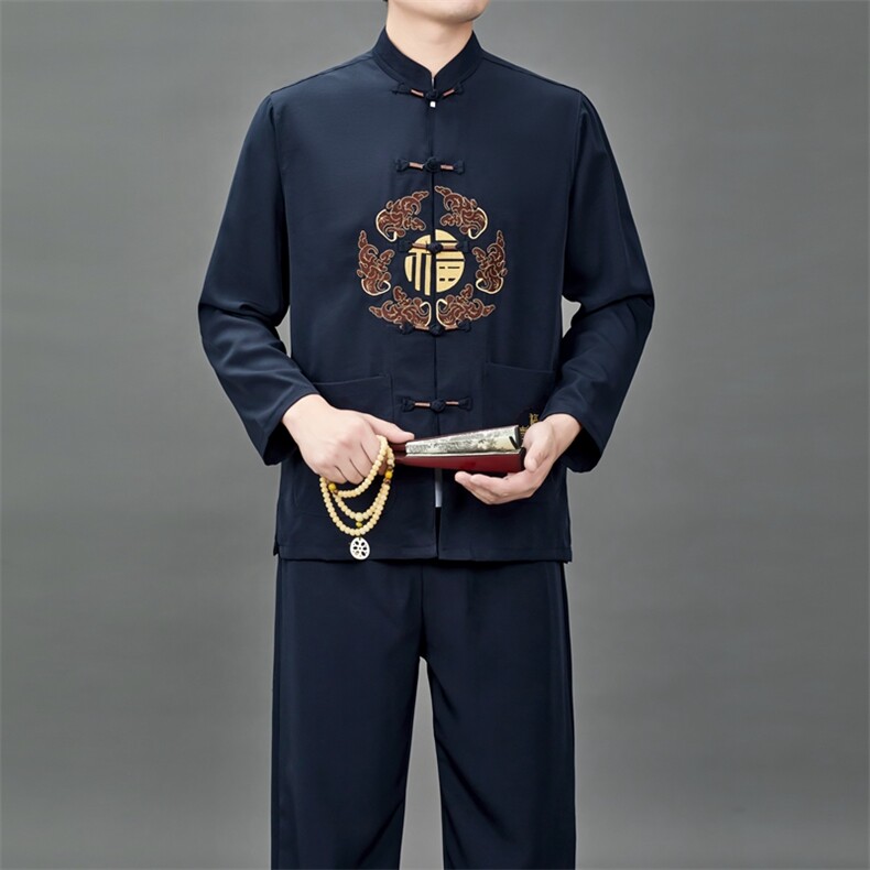 中老年唐装爸爸春装长袖风棉麻套装爷爷老人复古绣花太极服图片