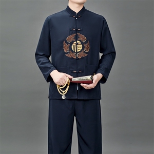 中老年唐装爸爸春装长袖风棉麻套装爷爷老人复古绣花太极服图片