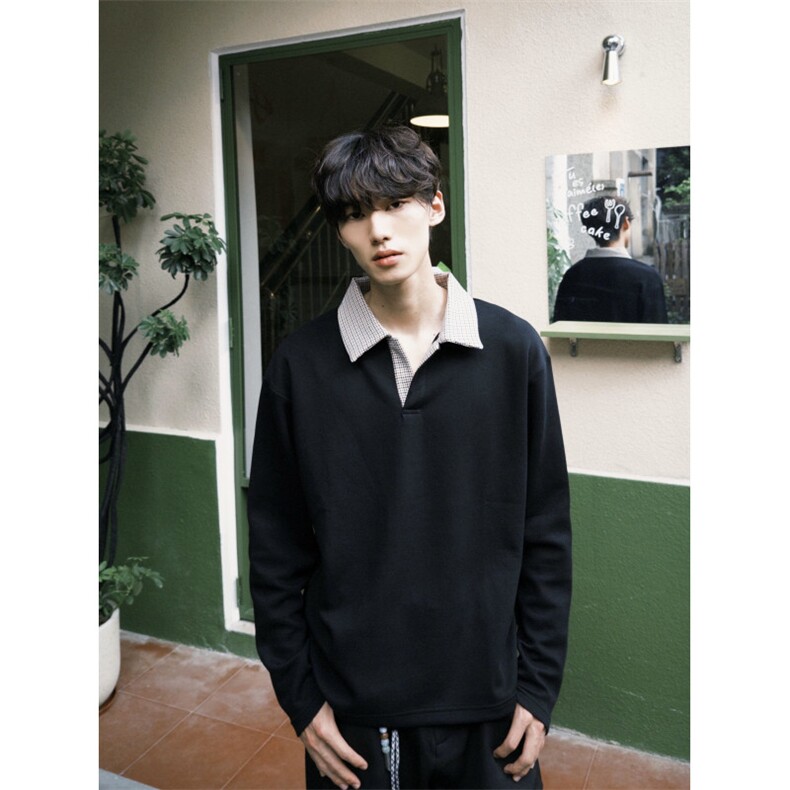 网图+老钱风 千鸟格拼接长袖POLO衫 W1321/特P40图片