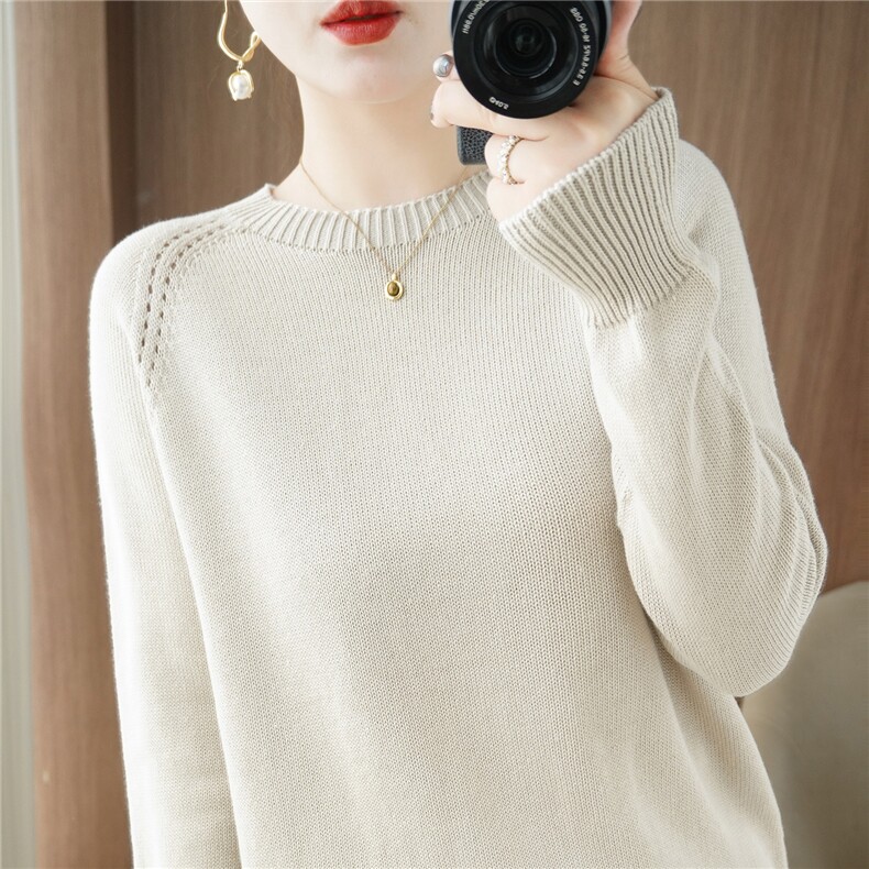 2025年秋季新款百搭女士圆领长袖针织衫，女装针织衫/毛衣，品高羊绒