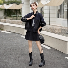 海宁皮衣牛仔拼接立领外套女2025秋新款宽松休闲百搭时尚夹克上衣，女装皮衣，美拉德工厂直营店