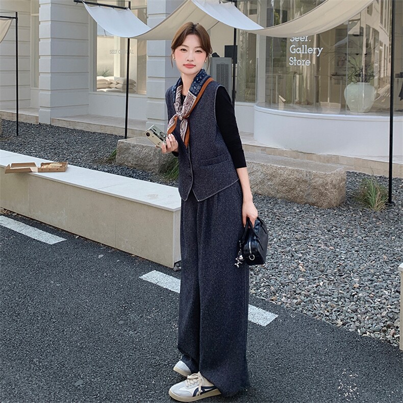 巨好看打底衫马甲阔腿裤套装女春秋爆款高级感ootd三件套超火爆款图片