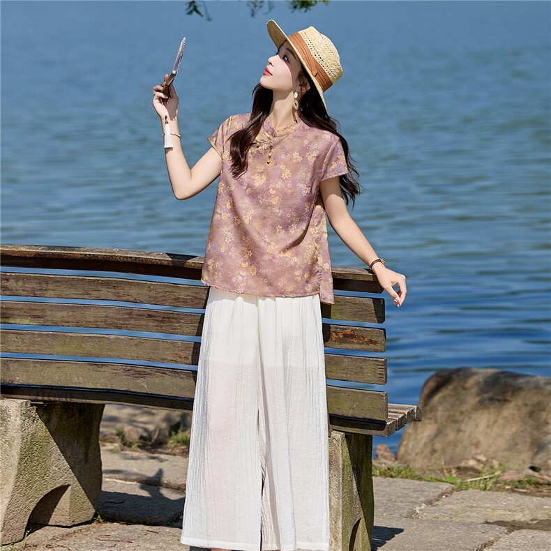 夏装新款套装时尚紫色印花新中式上衣+阔腿裤,女装套装/套裙,姿衣坊