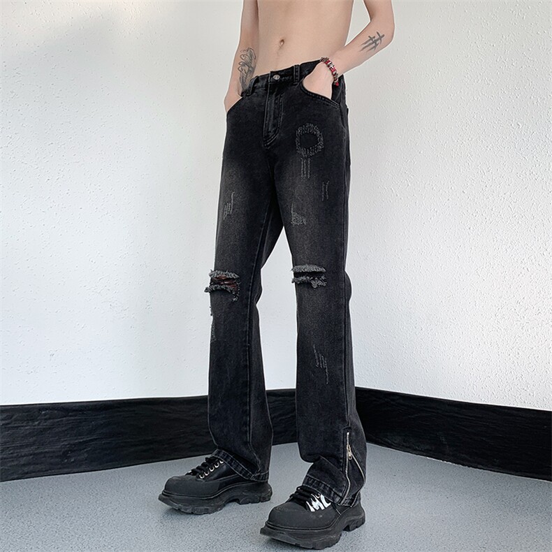 B221 美式ins高街暗黑小众微喇叭破洞牛仔裤 LK23076-P65 控88图片
