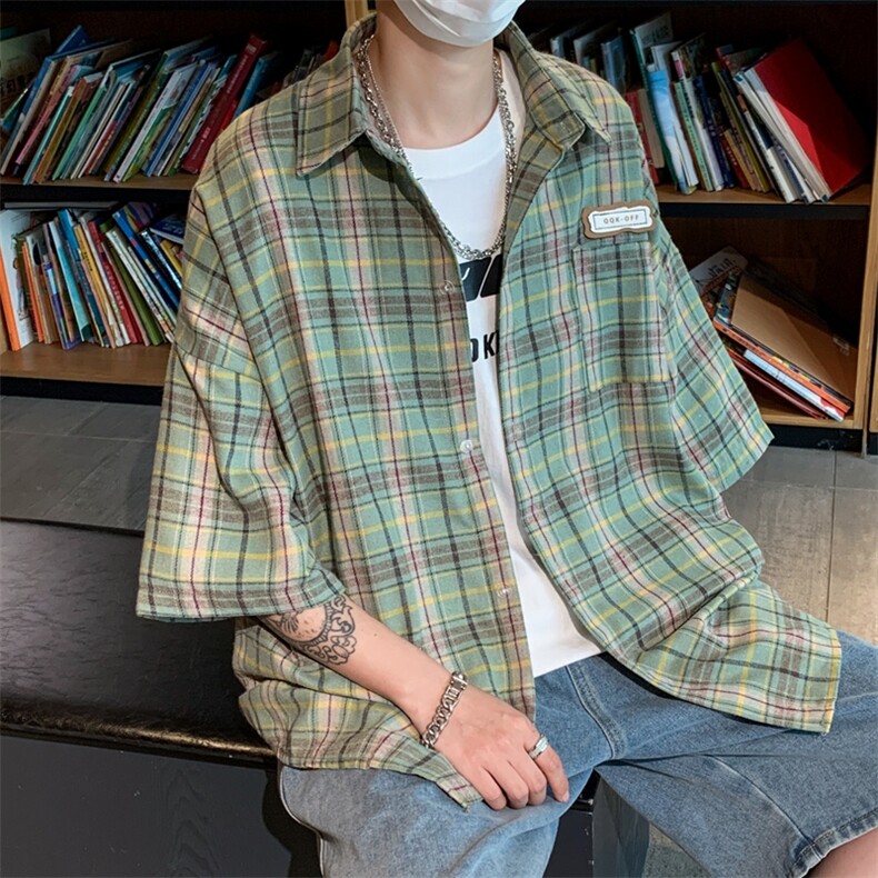 格子新款夏季短袖衬衫男港风潮流百搭宽松休闲半袖外套CS0355-P35,男装衬衫,星座308B-1