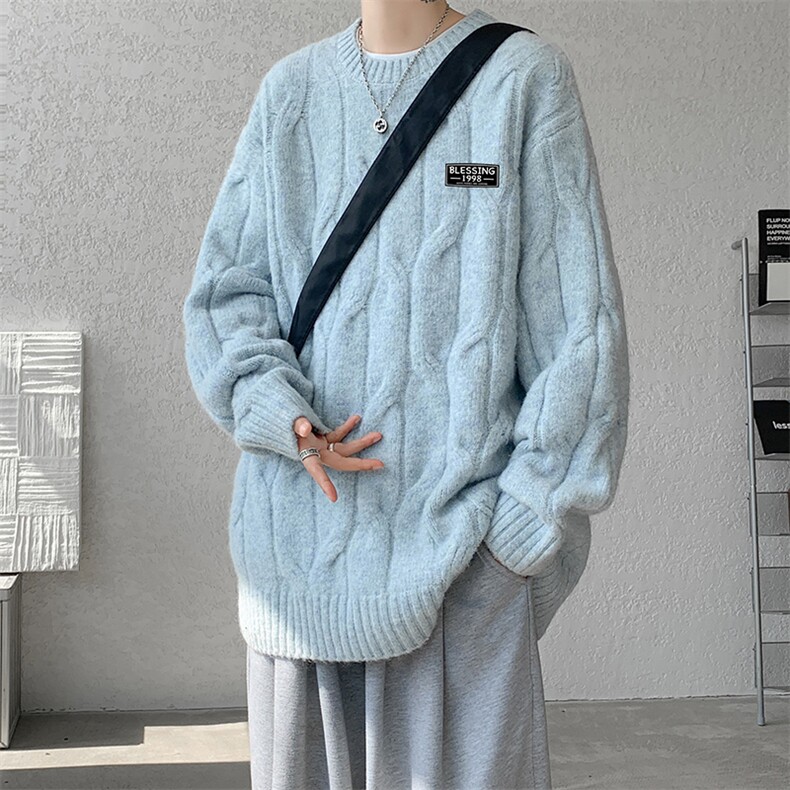 8XL-M圆领毛衣男秋冬慵懒风宽松情侣装麻花针织羊毛衫MY19004P68,男装针织衫/毛衣,电商B312