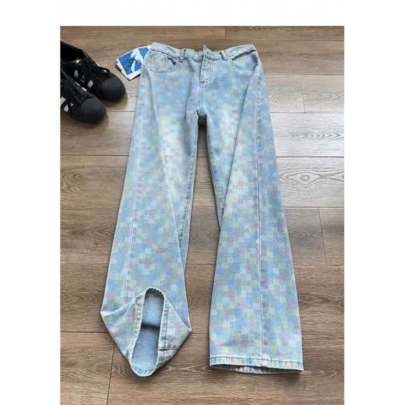AK1719-P52美式复古cleanfit彩色格子微喇牛仔裤图片