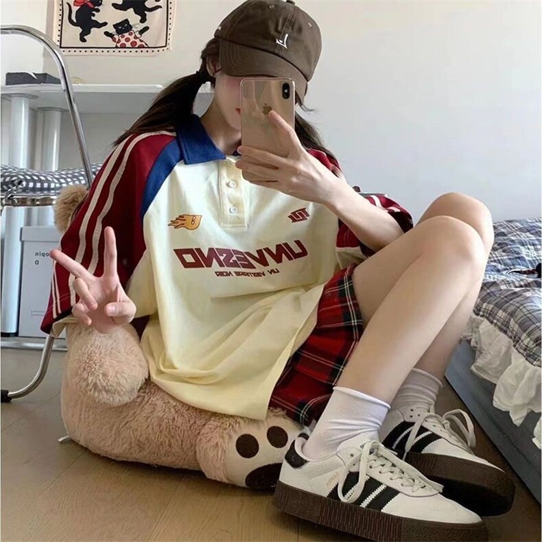 H0648-P40学院风美式Polo衫撞色短袖t恤潮牌7七分袖,女装衬衫,星座617A-2