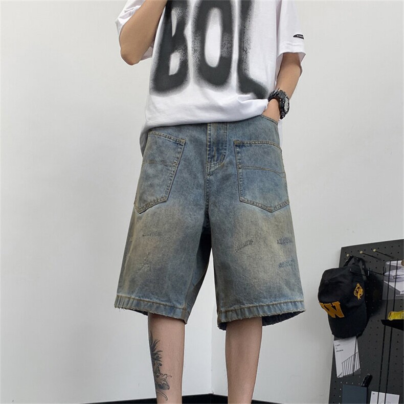 DT1715-P48牛仔裤夏季薄款美式复古高街潮牌五分裤宽松直筒水洗裤图片
