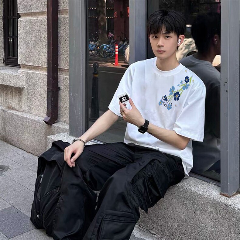万针全刺绣解构设计260克重磅双纱纯棉高品质美式高街短袖T恤特39,男装T恤,电商A486