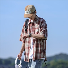 格子短袖衬衫男夏季新款美式复古高街衬衣小众设计感潮流上衣，男装衬衫，星座716-2