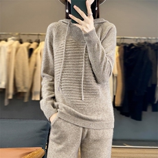 时尚百搭纯毛连帽套装显瘦修身黑色羊毛衫两件套，女装羊毛衫，梵泰羊绒