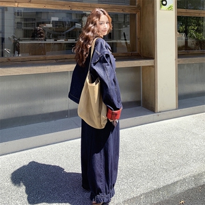 休闲丝巾格纹拼接牛仔上衣阔腿裤套装女2025秋新款减龄高级两件套图片