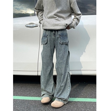 美式复古蓝宽松直筒牛仔裤男褶皱设计5XZ502-K775-P55控79，男装牛仔裤，星座502