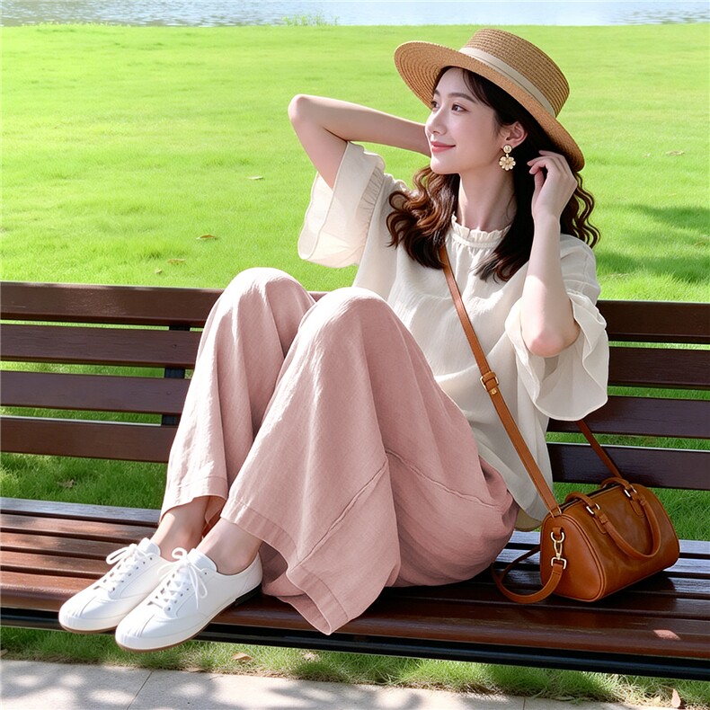 芷墨夏季新款新中式宽松透气两件套显高显瘦通勤上衣阔腿裤套装女,女装套装/套裙,芷墨服饰