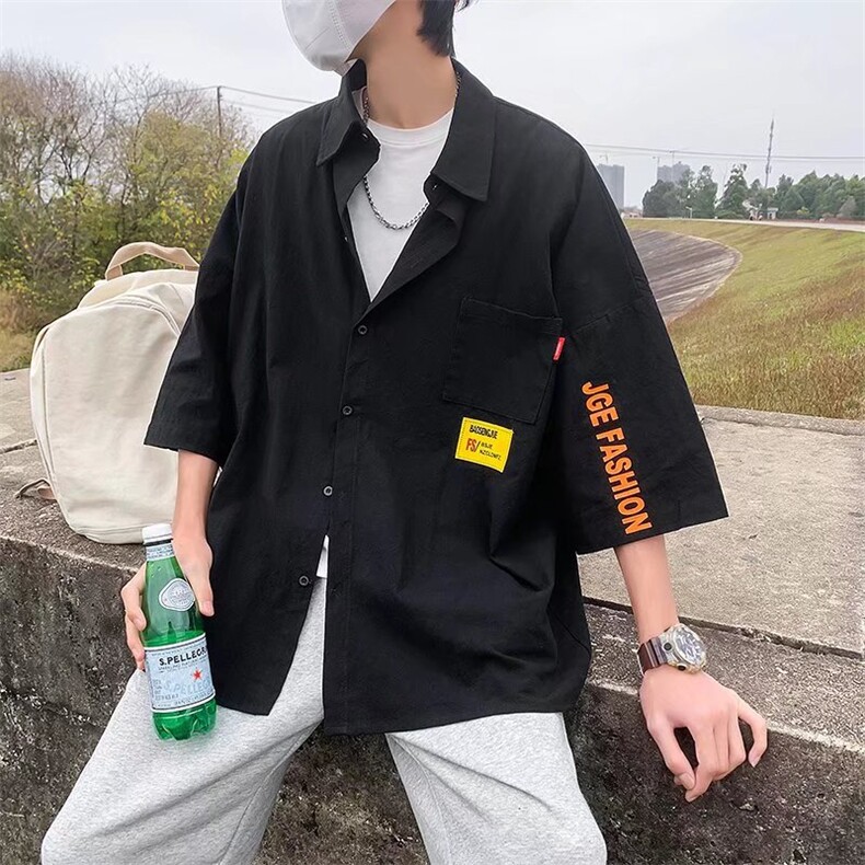 L学院风百搭七分袖衬衣男休闲潮流夏季港风短袖衬衫W3011-P33,男装衬衫,星座512-2