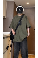 港风大码日系复古麂皮绒宽松套头圆领短袖T恤XZ213-T061-P35控48，男装T恤，星座213