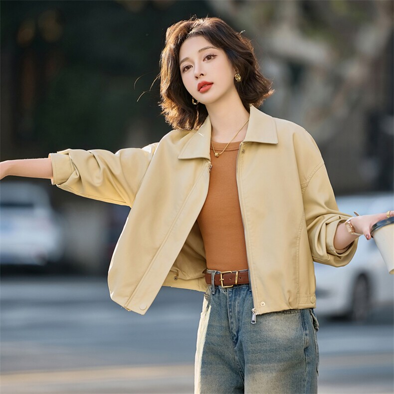 翻领短款皮衣外套女2025春秋新款宽松机车服休闲复古PU皮夹克上衣,女装皮衣,英标秀（1C119）