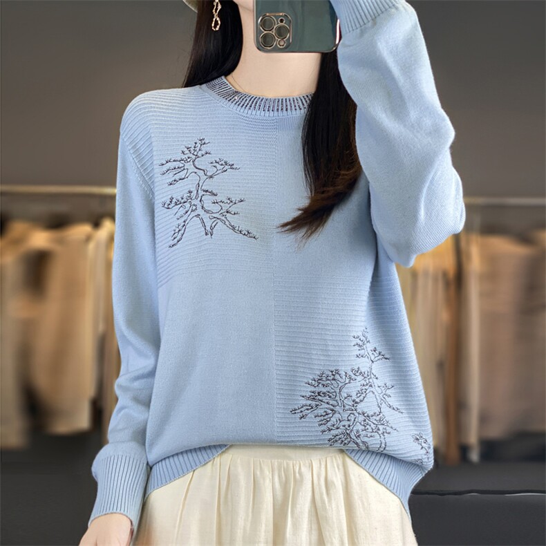 早秋时尚刺绣针织打底衫女2025新款秋季洋气大码女装上衣秋冬毛衣,针织衫/毛衣,大美人包芯纱店