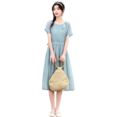 2024年夏季新款女时尚洋气天丝连衣裙中长款短袖显瘦纯色a字裙潮，女装连衣裙，魅丽静蓝
