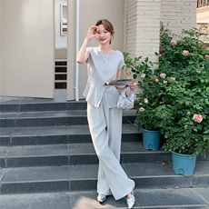 松弛感简约轻熟风套装女2025夏季新款轻薄圆领上衣直筒裤两件套潮，女装套装/套裙，2C205